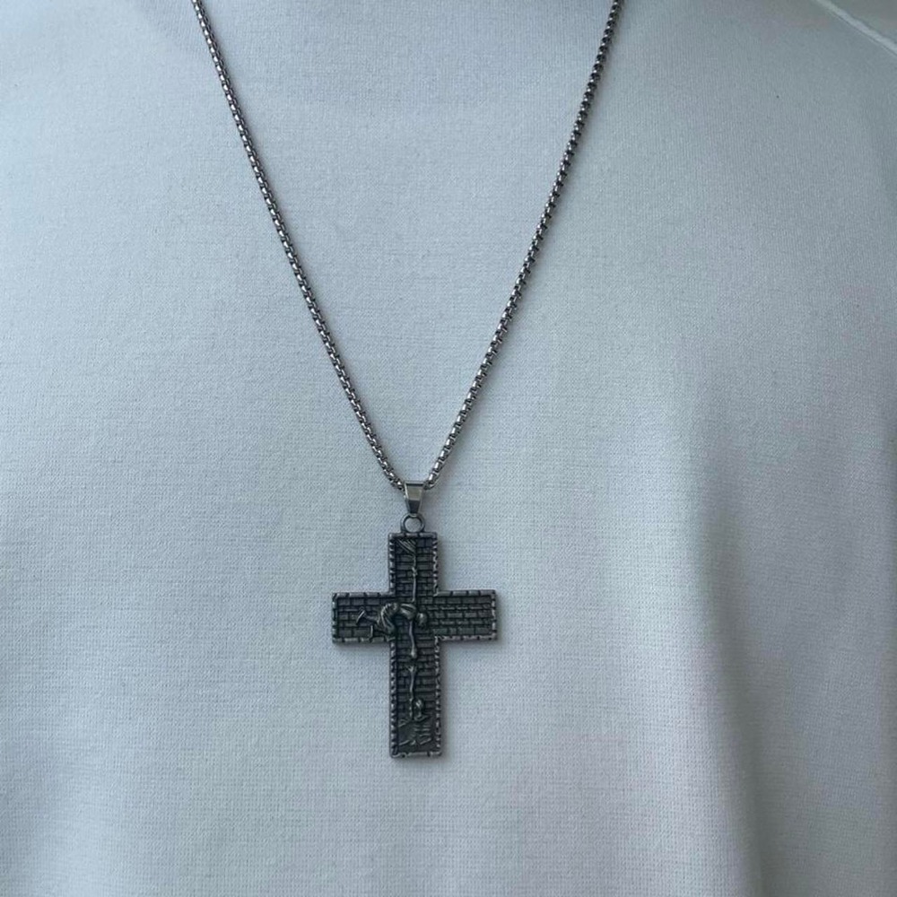 Mens Silver Cross Necklace Black Textured Skeleton Pendant 24 Inch Chain